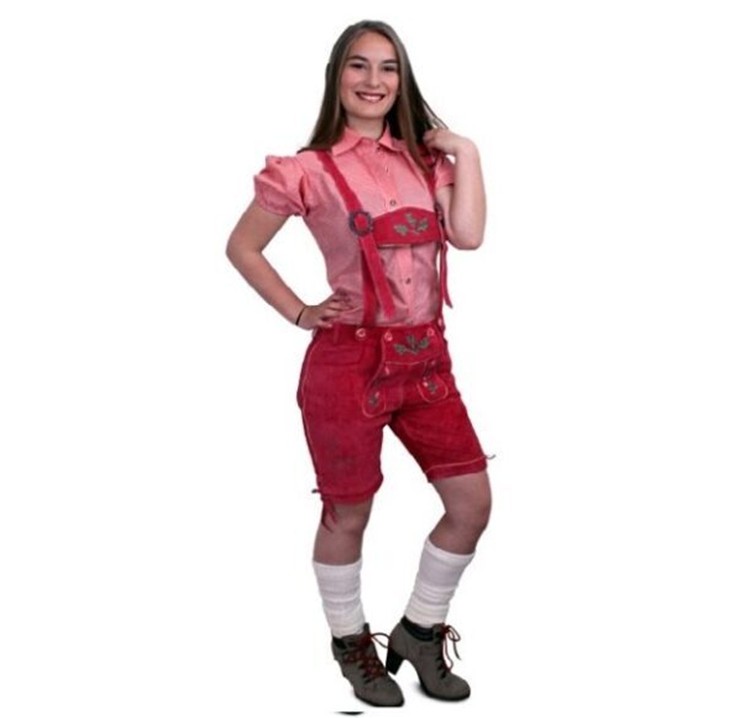lederhose dames roze met galgen knie lengte