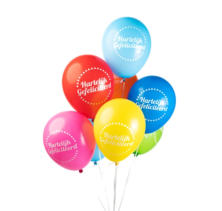 8 BALLONNEN 12″ 'HARTELIJK GEFELICITEERD' GEMENGDE KLEUREN detail