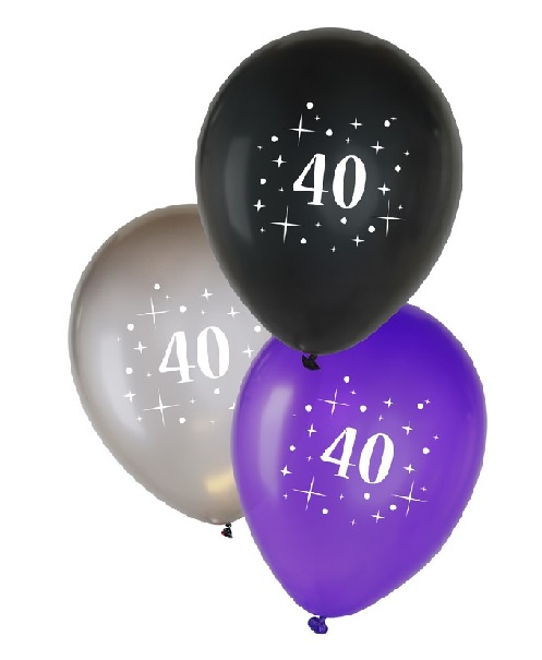 90340p- ballonnen 40 jaar metallic zwart-zilver-paars 12 inch per 6