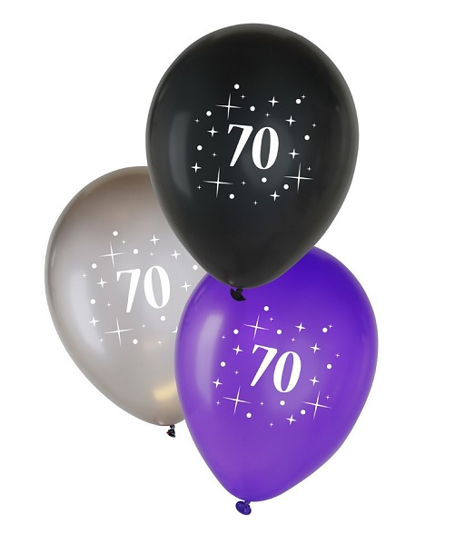 90370p-ballon 70 jaar metallic zwart-zilver-paars 12inch per 6