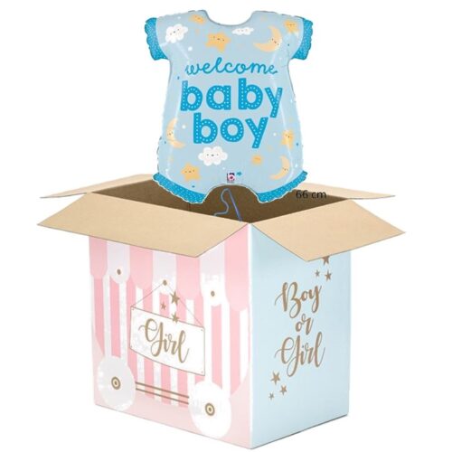 gender reveal doos met een folieballon helium gevuld baby boy jongentje