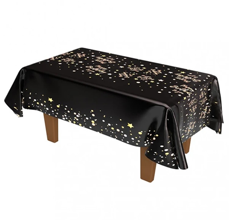Tafelkleed Happy Birthday zwart met gouden tekst en sterren